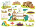 Children`s playground vector illustrations set. Teeter board, swings, sandpit, sandbox and bench, carousel, children