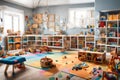 A children\'s playroom filled with toys, games, and a colorful play mat, all neatly organized for creative playtime