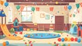 Children's playroom interior, empty indoors playground, slide with dry pool and balls, trampoline, house with wooden Royalty Free Stock Photo