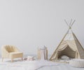 Children`s playroom with tent, armchair, rattan basket and star shape carpet in bright Scandinavian interior