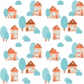 Children\'s print with cute houses and trees. Seamless pattern for the nursery. EPS10 illustration vector print. Royalty Free Stock Photo