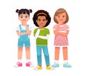 Children\'s problems. Three little girls have questions. Portrait of thoughtful schoolchildren.