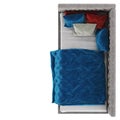 Children`s quilted bed with pillows and a blue blanket on a white background. Top view. Copyspace. 3d rendering