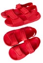 Children`s red rubber sandals  with Velcro isolated on the white background with clipping path. Royalty Free Stock Photo