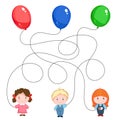 Children`s riddle picture. Three children with balloons, green, blue and red, the threads are mixed.