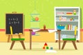 Children`s room with a chalk board, a grid for swords, a cupboard with books and toys, a table and chairs for which to draw. Flat