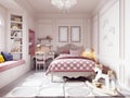 Children`s room in a classic style in beige and pink with a desk and toys Royalty Free Stock Photo