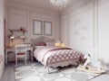 Children`s room in a classic style in beige and pink with a desk and toys Royalty Free Stock Photo