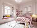 Children`s room in a classic style in beige and pink with a desk and toys and shelves near the window