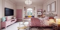 Children`s room in a classic style in beige and pink with a desk and toys and shelves near the window