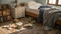 children\'s room is in disarray, things are scattered around. Interior of room with books on floor and a bed Royalty Free Stock Photo