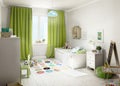 children`s room with green curtains.