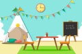 Children`s room with Indian tipi, flags, clouds on the wall, clock, chalk board, with table chairs and a carpet. Vector illustrati