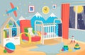 Children`s room interior, with a cot, chair for mother. Kid boy room interior vector illustration Royalty Free Stock Photo