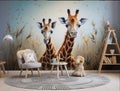 children\'s room interior, table, chair, bookcase, rug, 3 -D giraffe wallpapers