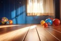 Children's room interior with toys on the wooden floor. Playroom with plastic colorful toys. Generative AI