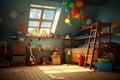 A children\'s room littered with toys before cleaning. the interior of a children\'s room