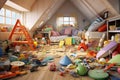 A children\'s room littered with toys before cleaning. the interior of a children\'s room