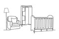 Children's room in the outline style. Vector illustration. Plan of furniture arrangement. Linear interior. Vector