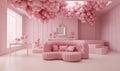 Children's room with pink bed, balloons and teddy bear. A bedroom adorned with pink balloons, teddy bears, and gift boxes