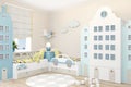 Children`s room for two boys in Scandinavian style. Wardrobe in the form of Amsterdam houses.