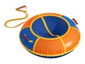 Children`s round inflatable sledge tubing for winter driving from a hill, orange-blue. Vector illustration