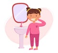 Children\'s daily routine vector illustration. Cute cheerful girl brushing teeth. Ideal for children\'s iteams
