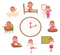 Childrens daily routine vector illustration. Cute cheerful girl wakes up and brushing teeth, studying at school