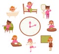 Childrens daily routine vector illustration. Cute cheerful girls wakes up and brushing teeth, studying at school