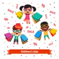 Children's sale. Happy smiling and jumping kids