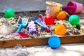 Children's sandbox with toys for the game in summer day Royalty Free Stock Photo