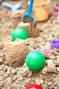 Children's sandbox with toys for the game in summer day Royalty Free Stock Photo