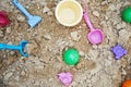 Children's sandbox with toys for the game in summer day Royalty Free Stock Photo