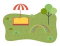 Children s sandbox, umbrella, playground equipment in kindergarten. Childhood, games in yard