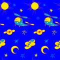 Children`s seamless pattern, airplanes, helicopters and a starry sky on a blue background