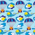Children`s seamless pattern, airplanes, helicopters and a starry sky on a blue background