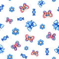 Children's seamless pattern with butterflies, flowers, candies and bows. Handmade watercolor illustration. For Royalty Free Stock Photo