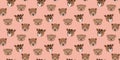 Children`s seamless pattern of cute cartoon spider monkeys, okapi, and South American noses heads on a pink background.