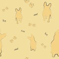 Children\'s seamless pattern with dog and paw. Inscription woof, dog, doggy. Graphic design for kids.