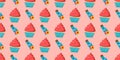 Children s seamless pattern for girls. Alice in wonderland cakes and cupcakes. Magic potion. Pink background