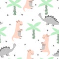 Children`s seamless pattern with hand drawn dino in scandinavian style