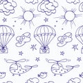 Children`s seamless pattern, airplanes, helicopters and a starry sky on a blue background