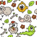 Children`s cartoon drawings set on the theme of the garden with the image of farm animals and plants Royalty Free Stock Photo