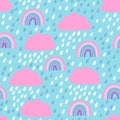 Children's seamless pattern with rain, clouds and rainbow Royalty Free Stock Photo