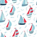 Children`s seamless pattern with sailboats, yachts and seagulls on white background. Cute texture for kids room design