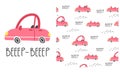Cute pink cars, convertible. Lettering Beep-beep. Print and pattern for printing on children's products