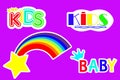 children's set of stickers rainbow and the words kids on a purple background