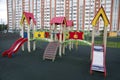 Children`s set of wooden slides on the Playground of the city.