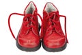 Children`s shoes of red color isolated on white background. Old shoes Royalty Free Stock Photo