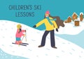 Children`s ski lessons. Mother or woman instructor teaches child to ski.